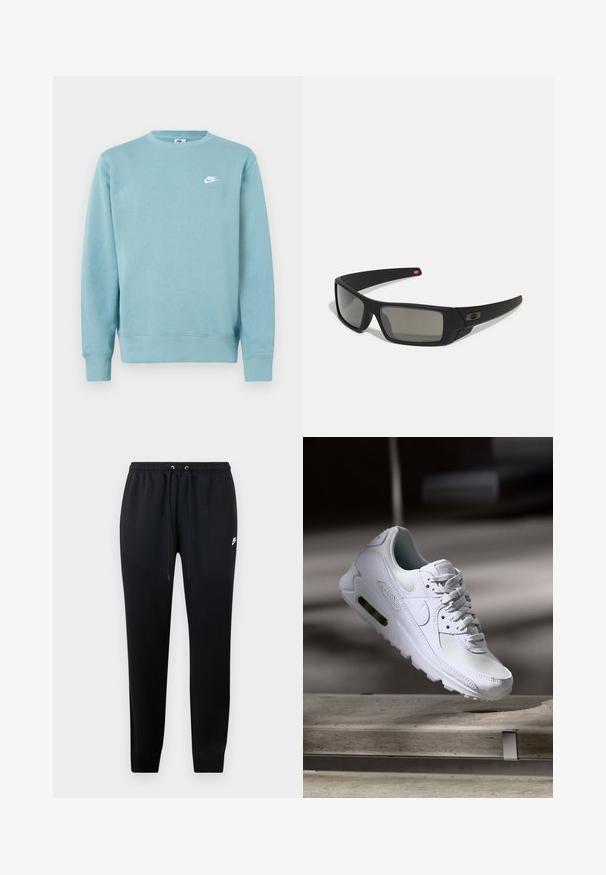 Világoskék pulóver puha anyagból. Jellemzője a kerek nyak, hosszú ujjak és egy kis fehér Nike logó a bal mellrészen.; Fekete tréningnadrág, puha anyagból, rugalmas derékkal és húzózsinórral, szűkített bokákkal és egy kis logóval az oldalon.; Fehér Nike Air Max 90 sneaker, amely hálós és bőr felsőrésszel, perforált orr-résszel és látható légpárnás egységgel rendelkezik a saroknál.; Fekete napszemüveg matt felülettel, téglalap alakú lencsékkel, enyhe ívvel a templomokon, diszkrét logó részlettel és füstszínű lencsékkel.
