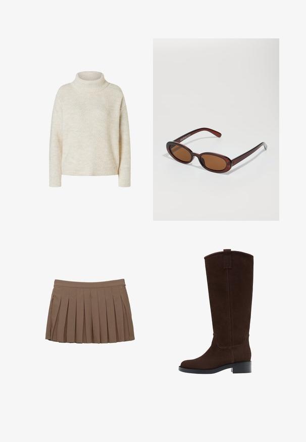Cremefarbener gerippter Strickpullover mit langen Ärmeln und umgeschlagenem Rollkragen, auf einem weißen Hintergrund präsentiert.; Brauner gefalteter Minirock mit einem Taillenbund und subtilen Seitenlogo-Details auf einem weißen Hintergrund.; Braune Wildleder-Stiefel bis zum Knie mit runder Fußspitze, dezenten Nähten und einem niedrigen Blockabsatz; verfügen über eine Zuglasche oben für einfaches Anziehen.; Runde, braun getönte Sonnenbrillen mit einem glänzenden burgunderfarbenen Rahmen. Schlanke Bügel mit dezentem Branding. Flaches Linsendesign.; Braune, geflochtene Lederhandtasche mit einer lässigen, dreieckigen Form. Verfügt über einen geflochtenen Griff und einen Reißverschluss an der Oberseite.