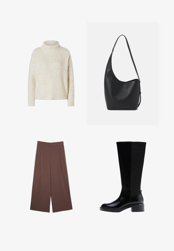 Cremefarbener gerippter Strickpullover mit langen Ärmeln und umgeschlagenem Rollkragen, auf einem weißen Hintergrund präsentiert.; Braune Weite-Leg-Hosen mit einer glatten Textur, hoher Taille und Vorderfalten. Der Stoff ist leicht und fällt locker.; Schwarzer kniehoher Stiefel aus glattem Leder, mit markanten Nähten, klobigem Absatz und einer strukturierten Rückseite für zusätzlichen Akzent.; Schwarze Leder-Hobo-Tasche mit einer glatten Textur, geschwungener Form und einem einzelnen verstellbaren Tragegurt; verfügt über eine weite Öffnung am oberen Ende.