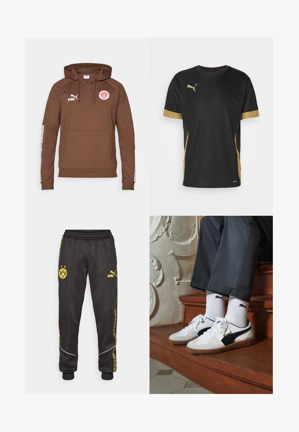 Brauner Kapuzenpullover aus weichem Material mit einer Fronttasche, Kordelzugkapuze und weißen Sportakzenten an den Ärmeln mit einem Logo.; Schwarzes Sport-T-Shirt mit goldenen Akzenten an denÄrmeln und an der Seite. Verfügt über einen Rundhalsausschnitt, kurze Ärmel und feuchtigkeitsableitendes DRYCELL-Gewebe.; Schwarze Sporthose mit gelben Borussia Dortmund BVB 09- und Puma King-Logos, elastischem Bund und gemusterten gelben Seiteneinsätzen.; Puma-Sneaker aus weißem und schwarzem Wildleder mit einer braunen Gummisohle. Kombiniert mit weißen Socken, die ein schwarzes Logo zeigen, getragen zu dunklen Hosen.
