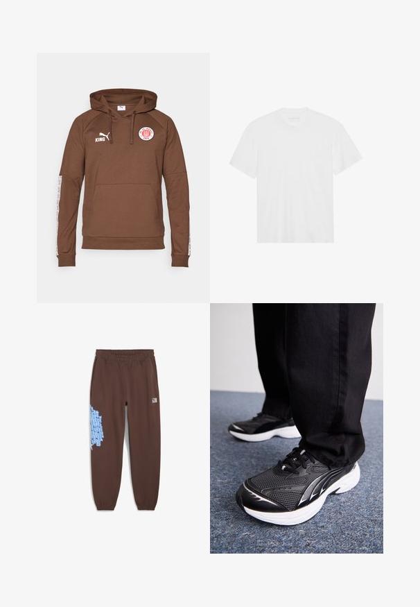 Bruine hoodie van zacht materiaal, met een voorzak, een capuchon met trekkoord en witte sportaccenten op de mouwen met een logo.; Witte katoenen t-shirt met korte mouwen, ronde hals en rechte zoom. Gladde textuur, minimalistisch ontwerp zonder patrons of accenten.; Bruine joggingsbroek met een elastische tailleband, voorzien van blauwe grafische tekst op het linkerpant en een klein logopatch op de rechterheup.; Zwarte sportieve schoenen van mesh stof, met een witte zool en zwarte accenten. De zool heeft een gestructureerde loopvlak. Gemaakt in combinatie met zwarte broek op een blauwe tapijtoppervlakte.