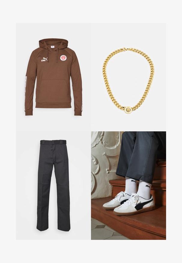 Felpa marrone realizzata in materiale morbido, con tasca frontale, cappuccio con cordino e accenti sportivi bianchi sulle maniche, completi di un logo.; Pantaloni neri realizzati in tessuto resistente, con un design a gamba dritta, una cintura con passanti per la cintura e cuciture per una maggiore texture.; Sneakers Puma in suede bianco e nero, con suola in gomma marrone. Abbinati a calzini bianchi con logo nero, indossati con pantaloni scuri.; Collana in oro con grandi anelli intrecciati, caratterizzata da un dettaglio pendente circolare al centro con un emblema in rilievo.