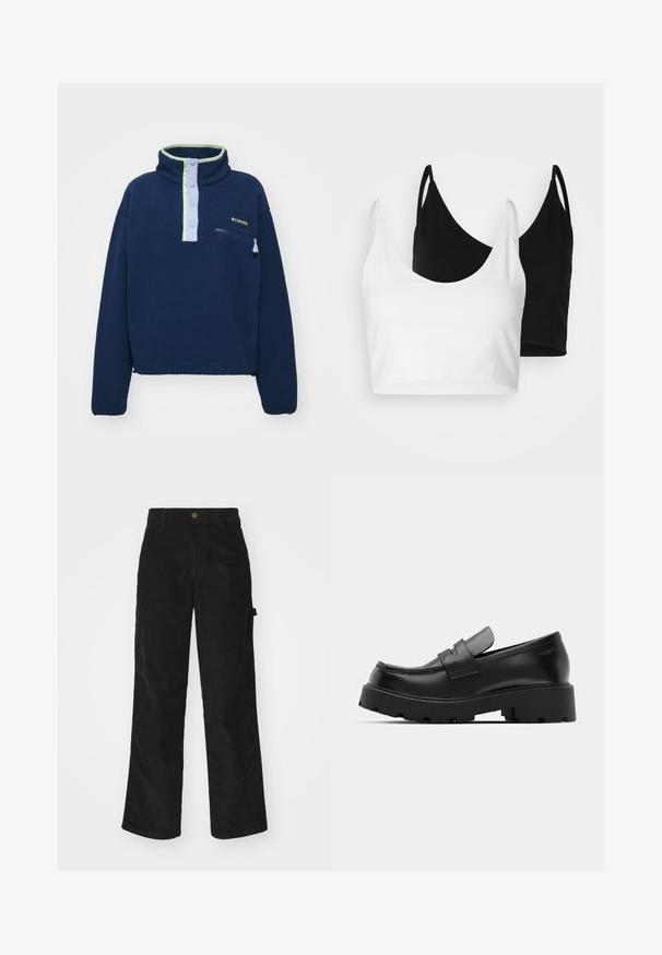 Pullover in pile blu navy con collo alto, dettagli in blu chiaro e verde, tasca con zip frontale e chiusura con bottone. Texture morbida e vestibilità rilassata.; Due top in cotone, uno bianco e uno nero. Ognuno ha un profondo scollo e spalline sottili, con una texture liscia e morbida.; Pantaloni in corduroy neri con design a gamba dritta, dotati di chiusura a bottone e tasca laterale. Texture liscia con sottili righe verticali.; Mocassini in pelle nera con suola spessa e texture, dotati di una fascia sulla parte anteriore e una finitura liscia e lucida.