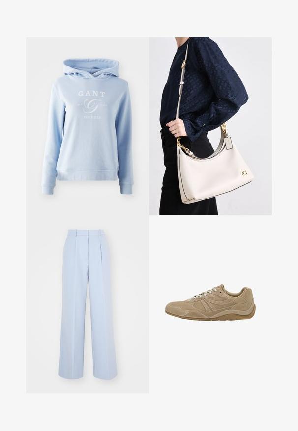 Felpa blu chiaro in tessuto morbido, con tasca a marsupio, polsini a coste e un logo bianco stampato sul davanti.; Pantaloni a palazzo azzurro chiaro con vita alta, caratterizzati da pieghe frontali, realizzati in un tessuto liscio e tessuto. Nessuna hardware visibile.; Sneaker in suede beige con profilo basso, superficie texturizzata e lacci bianchi. Presenta un design curvo e una suola in gomma per una migliore aderenza.; Una borsa a tracolla in pelle beige con bordi scuri, una silhouette curva, accessori dorati e una tracolla removibile, tenuta di lato contro un abbigliamento scuro.