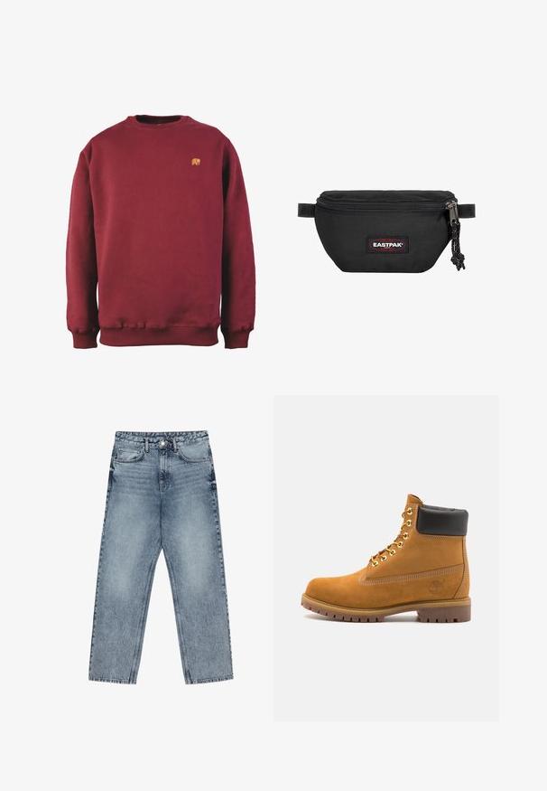 Sudadera burdeos de algodón con cuello redondo, puños y dobladillo acanalados, que presenta un pequeño logo de oso bordado en el pecho.; Jeans de mezclilla azul claro con corte recto, costuras visibles, diseño de cinco bolsillos y cierre de botón en la cintura.; Botín de ante marrón claro con collar acolchado negro, ojales de metal dorado, detalles de costura blanca y suela de goma resistente con tacos pronunciados.; Riñonera negra hecha de una tela duradera, con cierre de cremallera, correa ajustable y un parche de logo en rojo y negro en la parte frontal.