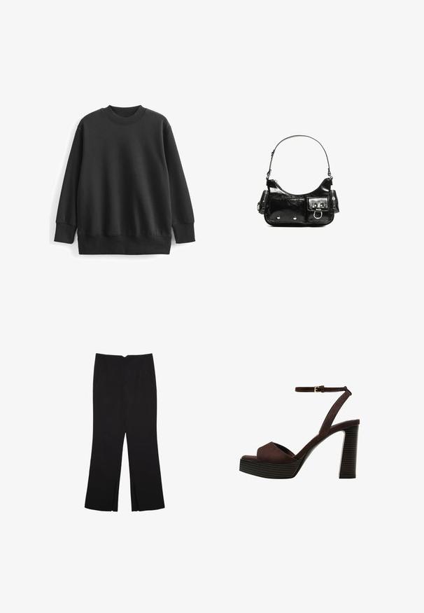 Sort sweatshirt lavet af en blanding af bomuld. Har en rund ribbenkrave, lange ærmer og en afslappet pasform med ribbede manchetter og kant.; Sorte bukser med lige pasform, der har frontlommer og slidser i kanten. Lavet af blødt, glat stof. Velegnet til forskellige anledninger.; Brune ruskinds højhælede sandal med åben tå, justerbar ankelrem og en stribet plade sål.; Sort patenteret læder håndtaske med en buet form, en skulderrem, frontlommer og hardware accenter i sølvfarve.