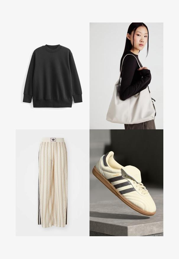 Must must, mis on valmistatud puuvillasegistusest. Omab ümmargust soonikkoes kaelust, pikki varrukasid ning lõdva istuvusega disaini, millel on soonikkoes mansetid ja alumine äär.; Kreemivärvilised lai säärega püksid, millel on siksakmustrit, must logoga vööp ja külgmised mustad triibud. Kerge, tekstureeritud kangas.; Kreem värvi nahast tennisetossid, millel on kolm tumedat triipu, pruun kummi tald ja ümardatud varvas. Omab volditavat keelt, millel on sildil "SAMBA."; Bež käekott pehme materjali, millel on lõtv disain, õmblustega detailid ja kaks õlarihma. Sobib igapäevaseks kasutamiseks.