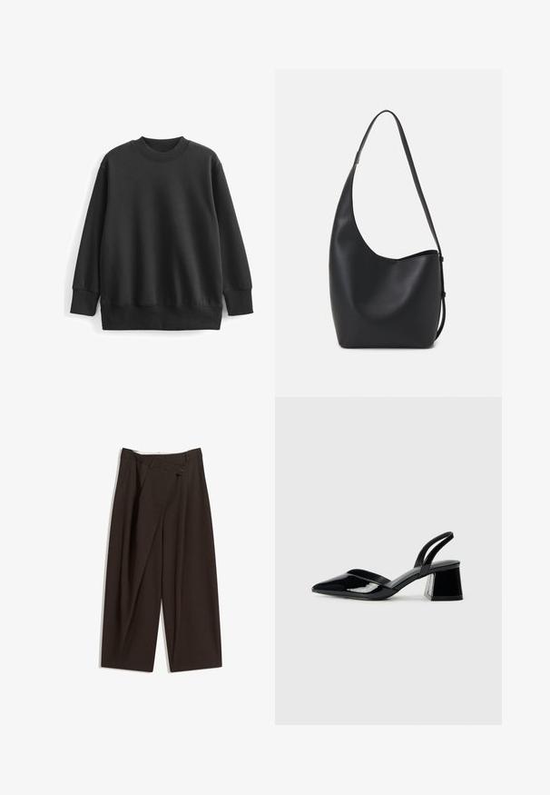 Zwarte sweatshirt van een katoenmix. Heeft een ronde geribbelde halslijn, lange mouwen en een ontspannen pasvorm met geribbelde manchetten en onderkant.; Donkere bruin wijde broek met een hoge taille, voorzien van een enkele knoopsluiting en een geplooide voorkant. Gemaakt van lichtgewicht stof.; Zwarte gepatineerde leren slingback hakken met een spitse neus en een geometrische blokhak. Kenmerkt zich door een slank, minimalistisch ontwerp en een gladde textuur.; Zwarte leren hobo tas met een gladde textuur, kromme vorm en een enkele verstelbare schouderband; heeft een brede opening aan de bovenkant.