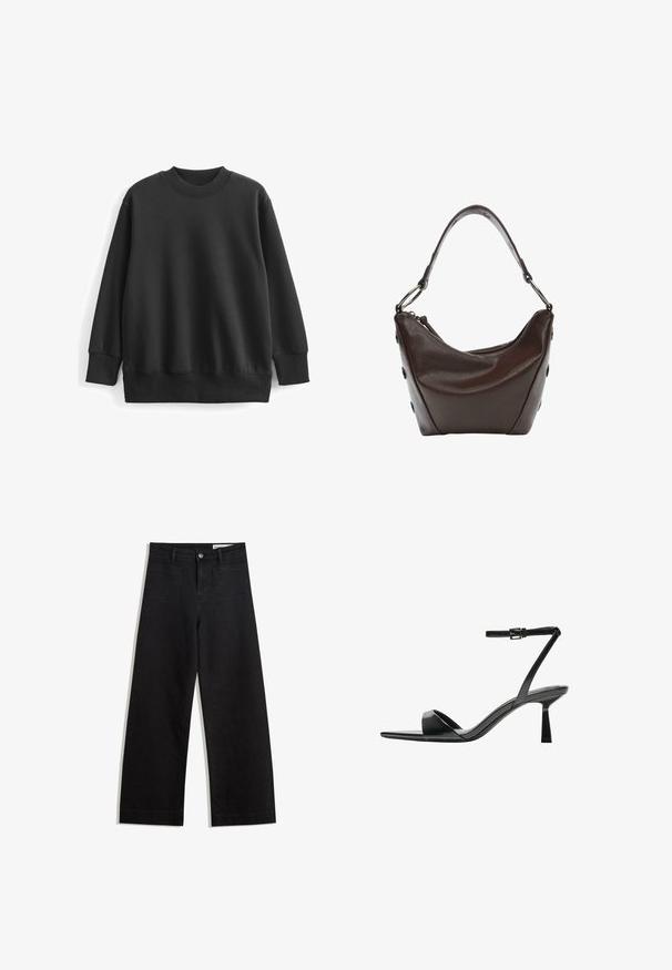 Felpa nera in cotone misto. Presenta un collo rotondo a coste, maniche lunghe e una vestibilità morbida con polsini e orlo a coste.; Pantaloni in denim neri a gamba larga con vita alta, dotati di tasche anteriori e posteriori, cuciture a punto, e chiusura con bottone. Texture liscia.; Bershka Sandali con tacco - black; Borsa in pelle marrone scuro con forma curvata, chiusura con zip e manico corto. Caratterizzata da hardware in metallo e bottoni neri decorativi sul lato.