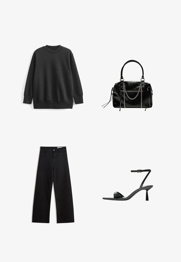 Mustapaita, joka on valmistettu puuvillasekoitteesta. Ominaisuuksiin kuuluu pyöreä ribbauskaula-aukko, pitkät hihat ja rento malli, jossa on ribbauskät ja helma.; Mustat leveät farkut korkealla vyötäröllä, joissa on etu- ja takataskut, ommellut saumat ja nappisuljenta. Silkinoinen rakenne.; Bershka Korolliset sandaalit - black; Bershka WITH CHAIN - Käsilaukku - black