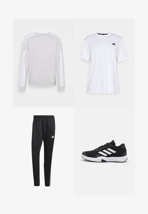 Sudadera gris claro con mangas largas, cuello redondo y rayas verticales blancas en los hombros. Textura suave y diseño casual.; Camiseta atlética blanca de manga corta, hecha de una tela que absorbe la humedad. Presenta un logo negro en el lado izquierdo del pecho y un cuello interior con un diseño estampado.; Pantalones deportivos negros con una cinturilla elástica, rayas laterales blancas y un pequeño logo blanco en el muslo. Fabricados con un material suave y ligero.; Zapatillas deportivas negras con una parte superior de malla texturizada, rayas de acento blancas, suela acolchada y talón reforzado para mayor soporte.