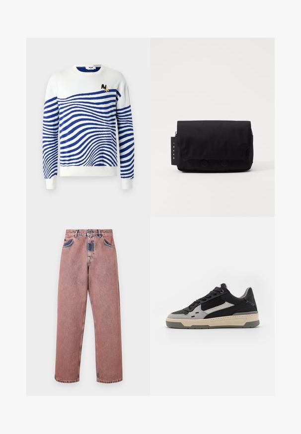 Weißer Pullover mit blauen Wellenstreifen, rundem Halsausschnitt, langen Ärmeln und einem kleinen schwarzen und gelben Logo auf der Brust. Weiche Strickstruktur.; Hellrosa Denim-Jeans mit geradem Bein, ausgestattet mit zwei vorderen Taschen, einem verwaschenen Textureffekt und Kontrastnähten entlang der Nähte.; Sneaker mit schwarzen und grauen Paneelen, strukturiertem Mesh, glattem Leder und einer cremefarbigen Gummisohle mit minimalistischem Design.; Schwarze Umhängetasche aus strukturiertem Stoff. Verfügt über einen Klappenverschluss mit zwei runden Knöpfen, ein Reißverschlussfach und ein Etikett mit dem Markennamen.