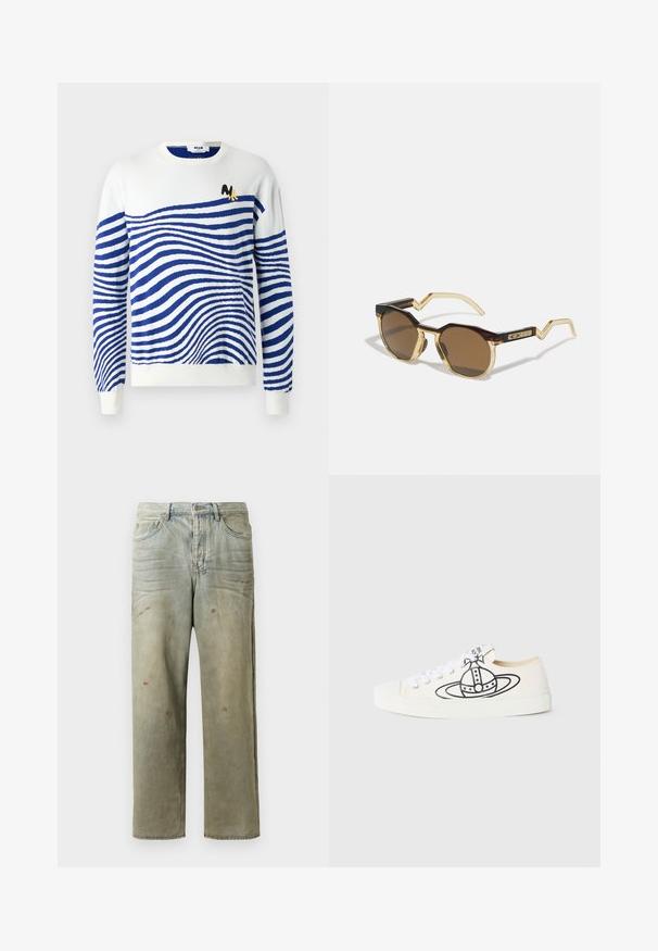 Pull blanc avec des rayures ondulées bleues, col rond, manches longues et un petit logo noir et jaune sur la poitrine. Texture en tricot douce.; Jeans en denim déchiré de couleur vert clair, avec une coupe droite, un design à cinq poches et un délavage inégal agrémenté de taches de peinture.; Des baskets en toile couleur écru avec un graphique de planète noir. Elles présentent des lacets blancs et une semelle en caoutchouc texturée. Design à orteils ronds.; Lunettes de soleil brunes et rondes avec une monture écaille de tortue et claire jaune pâle, des branches angulaires et des détails texturés sur les branches.