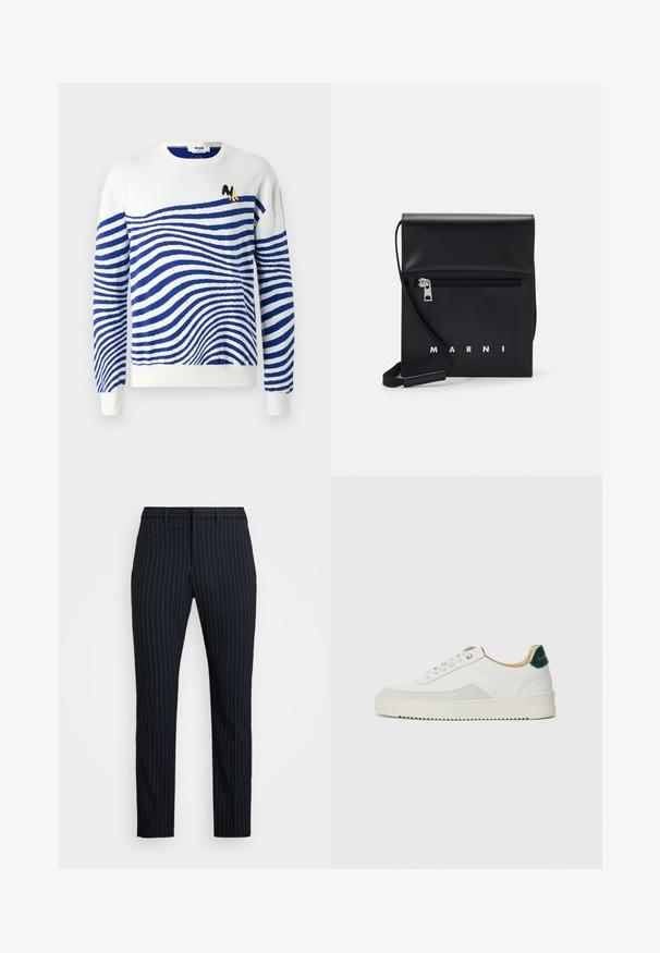 White sweater featuring blue wavy stripes, round neck, long sleeves, and a small black and yellow logo on the chest. Soft knit texture.; Navy pinstripe trousers with a slim fit, featuring a flat front, belt loops, and a smooth texture. Tailored design with a clean finish.; White sneaker with suede accents, rounded toe, flat laces, and a cream rubber sole. Features green branding on the heel.; Black leather crossbody bag with a zippered front pocket, embossed logo, and adjustable strap. Smooth texture with a structured shape.