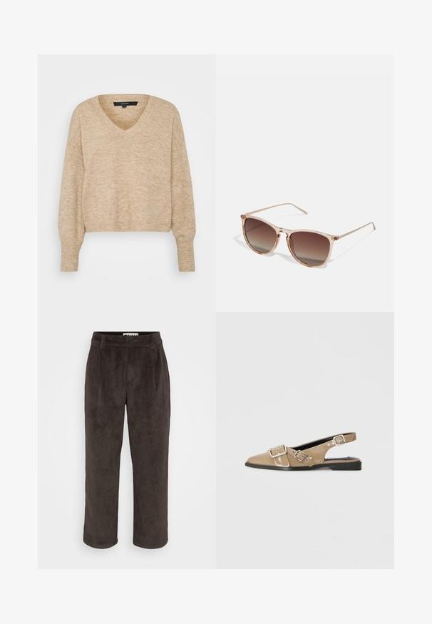 Bežinis, trumpas megztinis su V formos iškirpte, laisvu siluetu ir ilgomis, šiek tiek siaurėjančiomis rankovėmis; pagamintas iš minkštos, tekstūruotos mezgimo medžiagos.; Rudi aksomo kelnės su tiesiouko dizainu, subtilia tekstūra ir priekiniais mygtukais užsegimu, turinčios šonines kišenes.; Prašmatnūs smėlio spalvos patentuoti slingback batai su smailiu pirštu, dviem reguliuojamais sagtimis ir žemu juodu kulnu. Lygus paviršius su blizgiu apdaila.; Rudi gradientiniai saulės akiniai su permatomu rožiniu rėmeliu, kvadratinės formos ir plonomis metalinėmis šakėmis. Yra su apvalintais kraštais ir minimaliais dekoratyviniais elementais.; Ruda nubuko odinė rankinė su dviem viršutiniais rankenomis ir reguliuojamu peties diržu. Pasižymi struktūrine forma ir minimalistiniu dizainu.