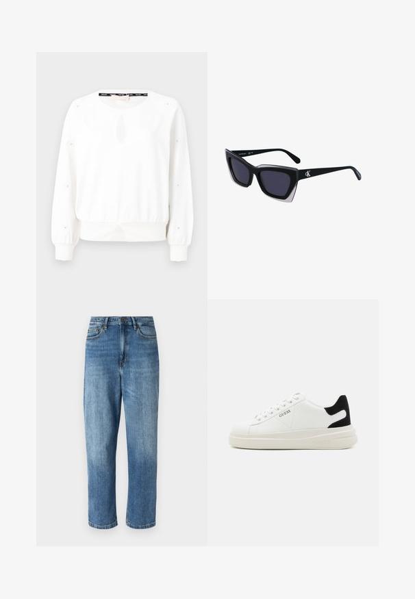 Pulôver branco com decote redondo, detalhe em abertura na frente e acabamentos em botão nas mangas. Apresenta uma cintura franzida e punhos canelados.; Jeans de ganga azul claro com um design de perna reta, apresentando cinco bolsos, um botão e fecho de zip, e um leve desgaste na parte da frente.; Sapatilhas brancas de couro com uma sola branca espessa, detalhe em camurça preta no calcanhar e logótipo em relevo na lateral. Design com atacadores e seis ilhós.; Óculos de sol oversized pretos com forma geométrica, apresentando lentes escuras e um detalhe cinza em contraste na armação. Logotipo na haste.