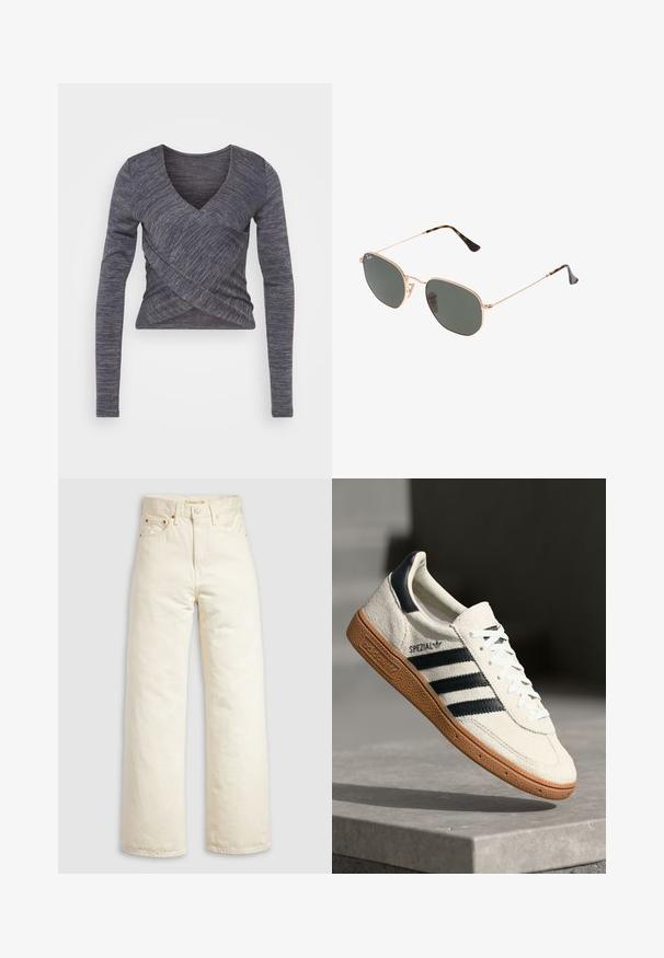 Garās piedurknes, tumši pelēks adīts tops ar V veida kaklu un ietīšanas dizainu, ar teksturētu rakstu un pieguļošu siluetu.; Platas bikses no izbalināta balta džinsa, ar augstu vidukli, vara naglām un klasisku piecu kabatu dizainu. Teksturēts audums ar tīrām malām.; Baltas zamša kedas ar tumši ziliem svītrām, gumijas zole, teksturēts augšdaļa, apaļa purngala forma un auklas; sānos un mēlītē ir zīmola nosaukums.; Zelta metāla rāmis saulesbrilles ar tumši zaļiem stikliem, aviator stils, ar šaurām kājām un bruņu akcentiem uz galiem.; Melna kviltota mākslīgās ādas soma ar ķēdes siksnu, kas piedāvā sešstūra rakstu un dekoratīvu spārnu detaļu uz priekšpuses.