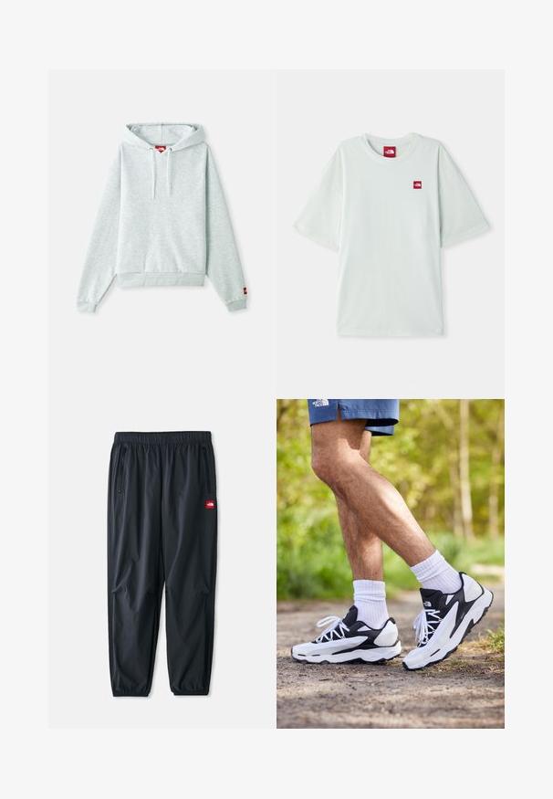 Šviesiai pilkas džemperis su kengūros kišene, reguliuojamomis raišteliais ant kapučino, įrengtomis raibais rankogaliais ir maža raudona emblema kairiajame rankove.; Šviesiai žalia trumpomis rankovėmis marškinėliai, pagaminti iš minkštos medvilnės, su maža raudona logotipo etikete kairėje krūtinės pusėje. Laisvas kirpimas ir apvalus iškirpimas.; Juodi lengvi kelnes pagamintos iš sintetinio audinio, su elastingu juosmeniu, užtrauktukais šoninėmis kišenėmis ir mažą raudoną logotipo etikete.; Juodos ir baltos sportinės bateliai su tinkline viršutine dalimi, tekstūriniais akcentais ir baltomis raištelėmis. Dėvimi su baltomis kulkšnies kojinėmis ir tamsiai mėlynomis šortais takelyje.