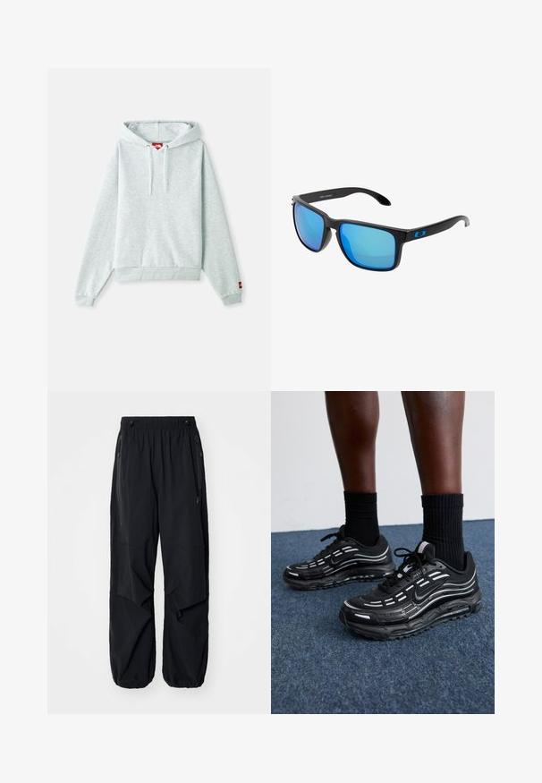 Hoodie cinza-claro com um bolso tipo canguru, cordões ajustáveis na capuz, punhos canelados e um pequeno logótipo vermelho na manga esquerda.; Calças cargo leves e pretas com uma cintura elástica, zíperes laterais e bolsos espaçosos. Apresentam um corte solto e bainhas ajustadas.; Os sapatos pretos da Nike apresentam um upper em malha com riscas de destaque, atacadores texturizados e uma sola de borracha preta. Usados com meias pretas caneladas.; Óculos de sol pretos elegantes com lentes espelhadas azuis, armação quadrada e detalhe azul na haste. Fabricados em material plástico leve.