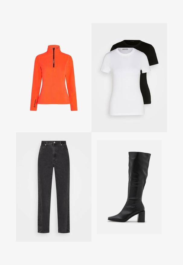 Kirkas oranssi fleece-pusero, jossa on korkea kaulus ja puolivetoketju. Varustettu mustalla vetoketjulla ja "Polartec"-logolla hihassa. Tasainen rakenne.; Kaksi lyhythihaista T-paitaa mustana ja valkoisena. Valmistettu sileästä puuvillasta, jossa on klassinen pyöreä kaula-aukko ja normaali istuvuus.; Suorat mustat farkut korkealla vyötäröllä, edessä nappi ja vetoketju sekä viisi taskua valkoisella taustalla.; RAID BLICK - Saappaat - black