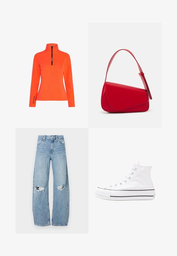 Lys orange fleece pullover med høj krave og halvlange lynlås. Har sort lynlås og "Polartec" logo på manchetterne. Glat tekstur.; Lysblå, højtraljede jeans lavet af denim. Har brede ben, to huller ved knæene og klassisk fem-lommes stil.; Hvide høje kanvas sneakers med sort gummisål, gummitåhætte foran og seks øjehuller til snørebånd, der har et rent, minimalistisk design.; Rød læderhåndtaske med et kantet, geometrisk design. Har en enkelt justerbar rem og en klaplukning med syede detaljer.