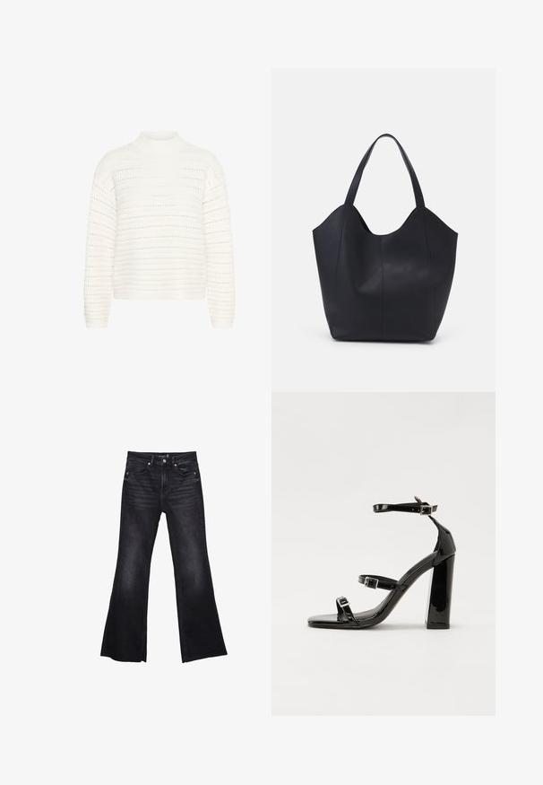 Kaffe Maglione - chalk; Jeans neri a zampa d'elefante in denim con una texture leggermente sbiadita. Presentano tasche frontali, chiusura con zip e accenti di cucitura visibili.; Sandali con tacco in vernice nera, con punta squadrata, cinturini alla caviglia e fibbie in argento. Presentano un tacco a blocco spesso per maggiore stabilità.; Borsa tote nera realizzata in pelle liscia, con una parte superiore curva e aperta, dotata di due manici per spalla e un design minimalista.