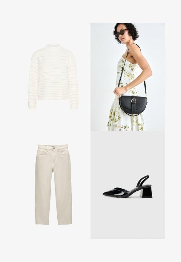 Kaffe Pulover - chalk; Beli traper hlače z sproščenim krojem, ravnimi nogami, petimi žepi in kovinskimi detajli z subtilno teksturo.; Črne lakirane slingback pete s koničastim nosom in geometrijsko blokasto peto. Imajo eleganten, minimalističen dizajn in gladko teksturo.; Črna usnjena torbica s ukrivljeno obliko, z odstranljivo naramnico in zlatimi dodatki. Torbica ima pokrov s podrobnostmi v obliki zaponke.