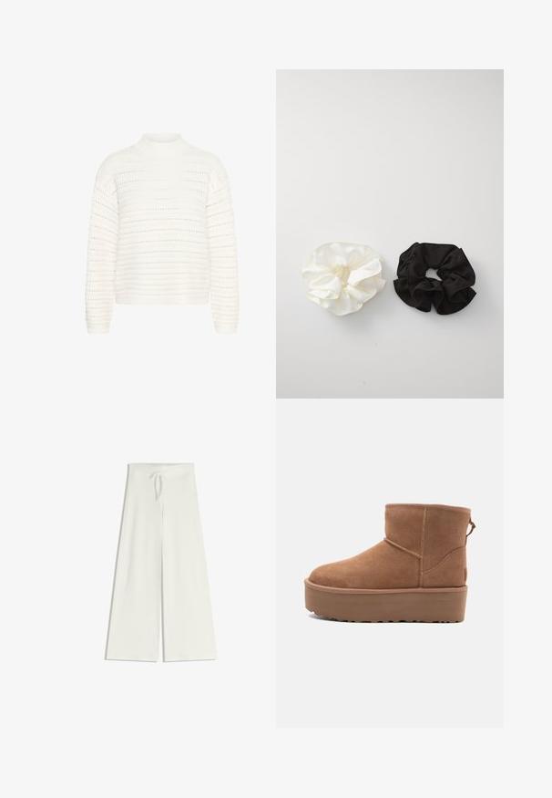 Kaffe Maglione - chalk; Pantaloni bianchi a gamba larga realizzati in morbido tessuto a maglia, con vita elasticizzata e lacci per una vestibilità regolabile. Tessuto liscio, senza motivi.; Stivale alla caviglia in suede beige con suola platform, punta rotonda e dettagli di cucitura; presenta un inserto sul retro per una facile calzata.; Due satin scrunchies, uno bianco e uno nero, caratterizzati da un design arricciato e una texture liscia, mostrati su uno sfondo bianco semplice.