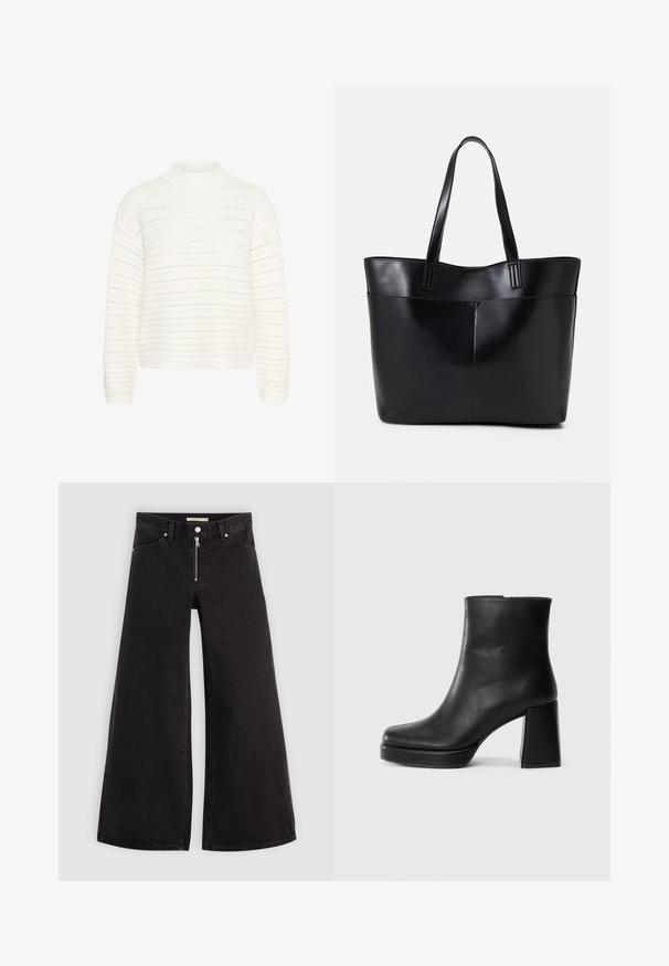 Kaffe Jumper - chalk; Wide-leg jeans in black denim with a zippered front, five-pocket design, and subtle stitching details. Smooth texture and casual style.; Black leather ankle boot with a block heel and platform sole, viewed from the side on a plain white background.; Black leather tote bag with two long handles, a smooth texture, and a structured shape. Features a front pocket for additional storage.