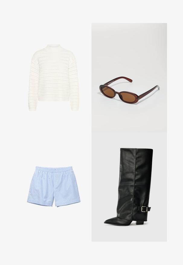 Kaffe Pulóver - chalk; Világoskék csíkos boxeralsó, puha pamutból készült. Rugalmas derékpánttal, gombos záródással és laza szabással rendelkezik. Diszkrét logó a szélén.; Fekete bőr bokáig érő csizmák hegyes orral, sima felülettel és ezüst csattal az oldalon. Tömbös négyzet alakú sarok.; Kerek, barna árnyalatú napszemüveg fényes burgundi kerettel. Karcsú karok diszkrét márkázással. Lapos lencse kialakítás.; Casio kvarcóra téglalap alakú ezüst számlappal, arany díszítésekkel és két színű fém karkötővel ezüst és arany színben. Vízzáró funkcionalitás.