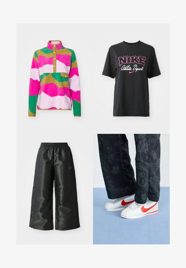 Színes polár pulóver magas gallérral, merész, ívelt mintákkal rózsaszínben, zöldben és barna színben. Tartalmaz egy mellzsebet és patentgombokat.; Fekete pamut póló, rózsaszín és fehér grafikai nyomattal, rajta a "JUST DO IT", "NIKE" és "Athletic Depart" feliratokkal. Szabványos fazon.; Fekete sportnadrág fényes, sima anyagból, rugalmas derékkal, széles lábakkal és egy kis logóval a bal oldalon.; Fehér Nike sportcipő piros részletekkel, fekete virágmintás nadrággal párosítva. Az anyag sima, lapos fonott talppal.
