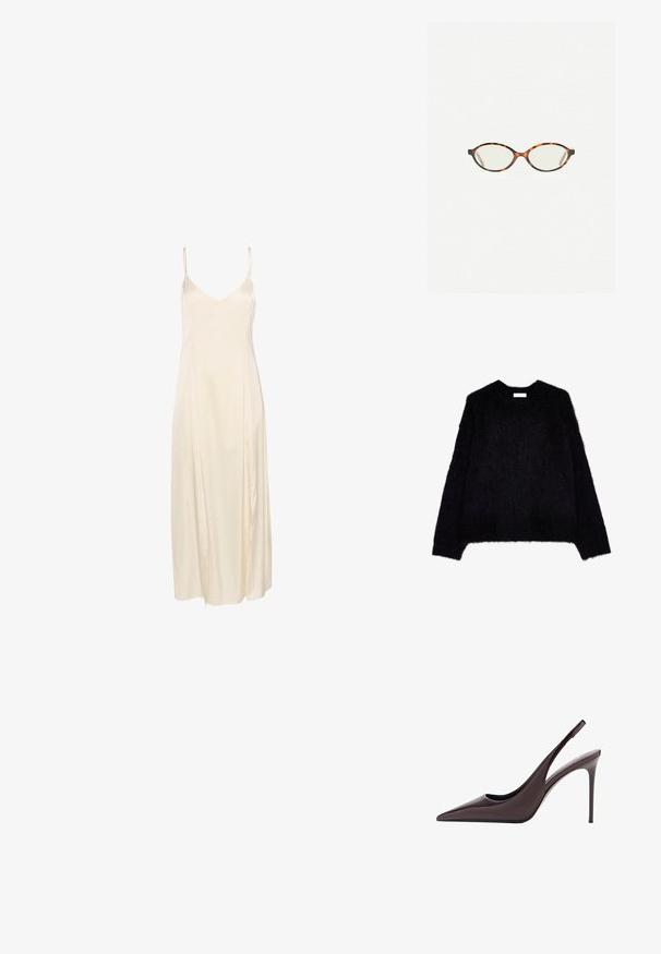 Zwarte fuzzy gebreide trui met lange mouwen, ronde hals en een relaxte pasvorm. Zachte textuur met een iets oversized silhouette.; Ivoor satijnen slipdress met dunne spaghettibandjes, een diepe V-halslijn en een luchtig ontwerp tot aan de enkels. Soepele textuur en minimale naden.; Bordeaux glanzend leren hoge hak slingback pump met een spitse neus en slanke stiletto hak. Gladde textuur en minimalistisch ontwerp.; Kattenoogbril met ovale lenzen en een strakke, gladde afwerking. Heeft dunne zijkanten met een subtiele kromming bij de slapen. Transparante lenzen.