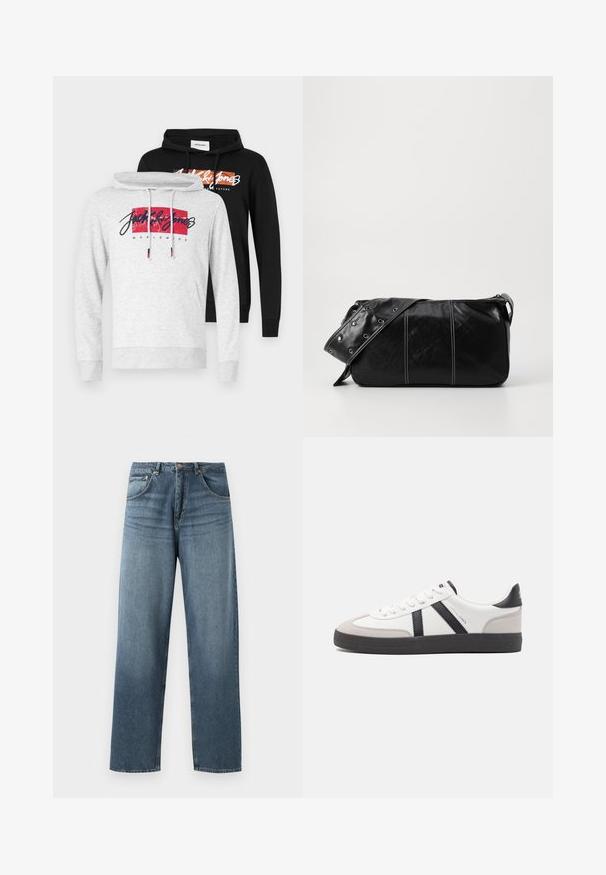 Dve kapuce: ena siva z rdečo grafiko in črnim napisom ter ena črna z oranžno grafiko, obe imata nastavljive vrvice.; Ravno krojene modre kavbojke iz denima z zbledelim pranjem, ki vključujejo pet žepov, kovinsko zaponko in pasek. Strukturirana, srednje težka tkanina.; Bela športna obutev z črnimi in sivo akcenti, z teksturirano sivo kapico za prste, črnim gumijastim podplatom in ravnimi belimi vezalkami. Čista zasnova, minimalistični slog.; Črna usnjena torba za ramo z zadrgo, ki ima teksturirano telo, belo šivanje in trak s srebrnimi luknjami.