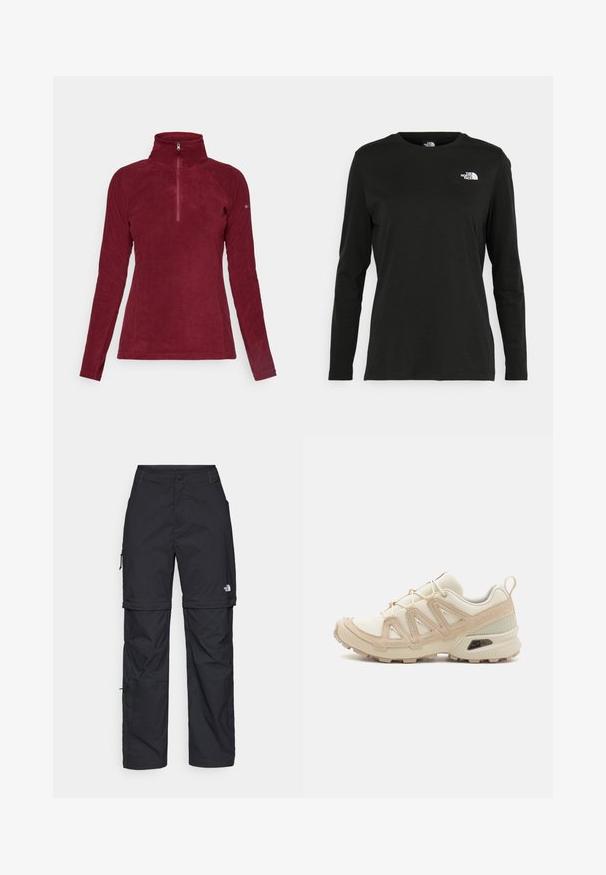 Dámský dlouhý rukáv, vínový flísový svetr s vysokým límcem a čtvrtzipem, předvedený na jednobarevném pozadí.; Černé tričko s dlouhým rukávem vyrobené z bavlny s kulatým výstřihem. Na levé části hrudi se nachází malé bílé logo. Jednoduchý design a střih.; Černé nylonové cargo kalhoty na zip s nastavitelnými manžetami, několika kapsami a logem na pravé noze. Hladká, lehká textura.; Béžová a krémová sportovní obuv s texturovaným síťovaným svrškem, podpůrnými překryvy a gumovou podrážkou s dezénem pro lepší přilnavost.
