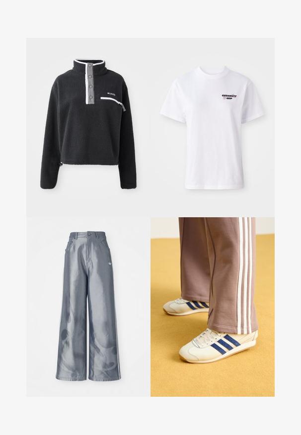 Svart fleece-genser med halvhøy glidelås og brystlomme, med kontrasterende hvite og grå detaljer. Myk tekstur, kort design.; Hvit kortermet t-skjorte med rund hals og lite svart og lilla Carhartt WIP-logo på venstre bryst.; Vide benbukser i skinnende grå materiale, med hvide sidestriber og et flammemønster på de nederste ben. Knap- og lynlåslukning i taljen.; Kremfargede sneakers med blå semsket skinnstriper, hvite snørebånd og gummisåle. Kombinert med grå joggebukser med hvite sidestriper.
