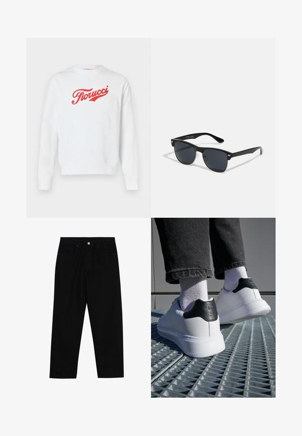 Felpa bianca con un logo rosso "Fiorucci" in carattere corsivo molto vistoso. Progettata con colletto girocollo e bordo e polsini a coste.; Pantaloni in denim nero con taglio dritto, design a cinque tasche e chiusura frontale con bottone. Tessuto liscio con dettagli di cucitura minimi.; Sneakers bianche con tappo del tallone nero che presenta un design a faccina sorridente, materiale in pelle liscia, suola in gomma piatta e dettagli testurizzati.; Occhiali da sole neri con forma rettangolare, lenti scure, dettagli in argento alle tempie e finitura opaca sulla montatura.