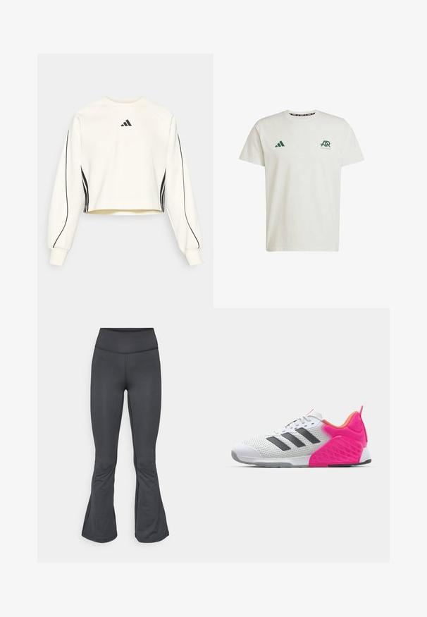 White cropped sweatshirt with long sleeves, features black stripes along the sides and a small black logo on the chest. Soft texture.; White cotton T-shirt with short sleeves, featuring green Adidas logo and text on the left chest and a green triangle logo on the right shoulder.; Gray leggings with a flared bottom design, made from smooth, stretchy material, featuring a high waist and seamless construction.; White athletic shoe with grey stripes, mesh upper, and pink heel and accents. Features textured heel and rubber outsole. Laces and padded collar.