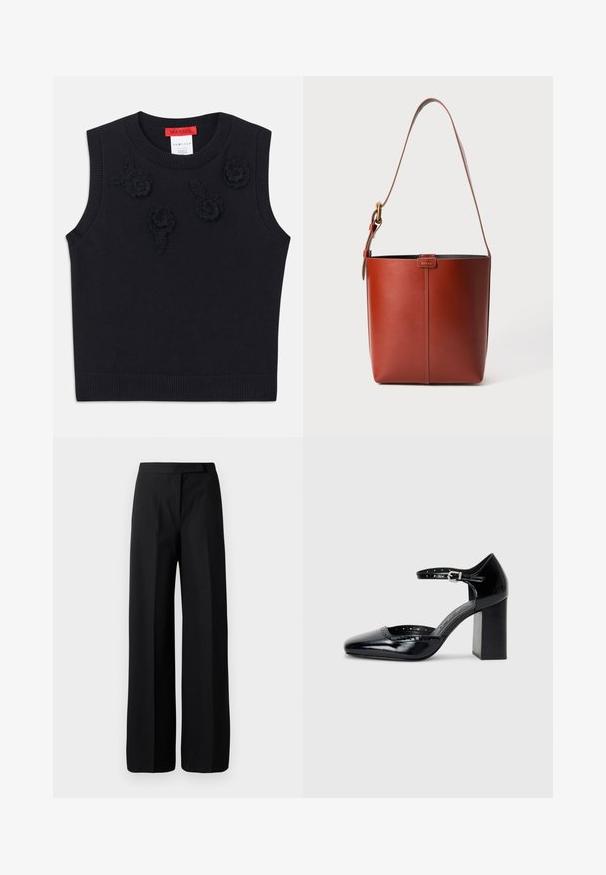 Black sleeveless sweater with a ribbed neckline and hem. Features textured floral appliqués on the front. Soft knit material.; Wide-leg black trousers with a smooth, matte texture. Flat waistband with no visible hardware or patterns. Simple and elegant design.; Black patent leather high-heeled shoes with a square toe, ankle strap, and a chunky heel. Includes perforated detailing along the rim.; Brown leather bucket bag with adjustable shoulder strap and gold-tone buckle, simple vertical seam detail on front.