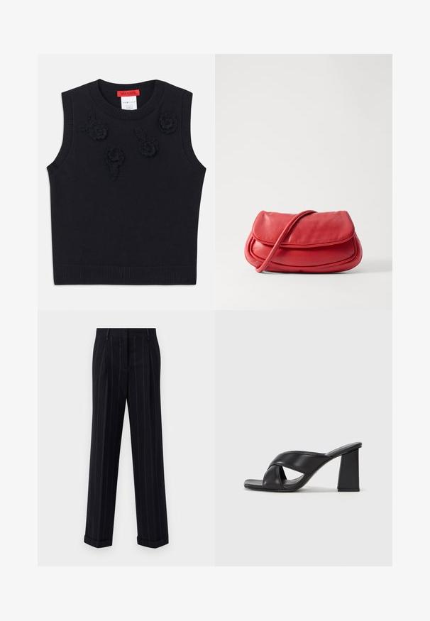 Svart ermeløs genser med ribbestrikket halslinning og nederkant. Har teksturerte blomsterapplikasjoner på forsiden. Mykt strikkemateriale.; Svarte pinstripede bukser med en tilpasset passform, som har en oppbrett på bunnen og frontfolder. Laget av glatt stoff med en strukturert design.; MAX&Co. SOHO - Sandaler med høye hæler - schwarz; MAX&Co. BEAN - Skulderveske - red