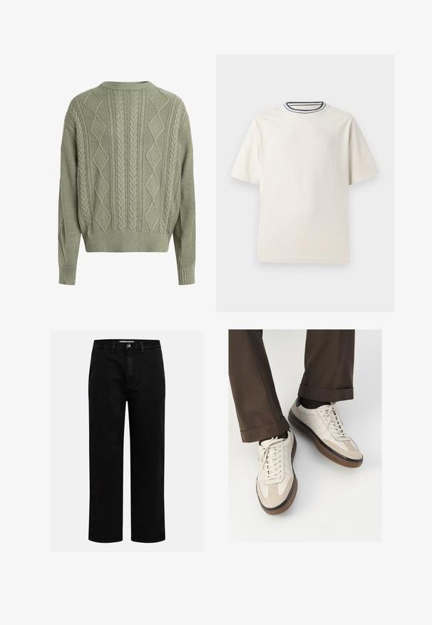 Zöld, kábel kötésű pulóver gyémánt és fonott mintázattal, kerek nyakkivágással, bordázott mandzsettákkal és alsó szegéllyel, texturált kötött anyagból készült.; Krémszínű pamut póló rövid ujjakkal, kerek nyakkivágással, melyet tengerészkék és fehér csíkok díszítenek. Sima textúrájú, laza szabású.; Fekete farmernadrág egyenes szabással, klasszikus öt zsebes kialakítással és gombos derékkal. Simább textúra és tartós anyag.; Beige sportcipők, texturált velúr elülső résszel, sima bőr oldalakkal és barna gumitalppal. Fűzők és világos varrási részletek is megtalálhatók.