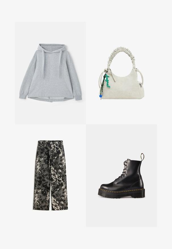 Světle šedá mikina s kapucí vyrobená z měkkého materiálu, s velkou přední kapsou, šňůrkami a dlouhými rukávy se staženými manžetami.; Středně vysoké široké kalhoty s texturovaným černo-bílým květinovým vzorem na šedém pozadí, s klasickým pasem a předními kapsami.; Černé kožené kotníkové boty na šněrování s mohutnou černou podrážkou a žlutým prošíváním. Mají poutko na zadní straně a kulaté kovové očko.; Béžová kabelka z umělé kůže s řaseným madlem, zipovou kapsou a zeleným přívěskem. Hladký povrch, decentní embosované logo a elegantní design.