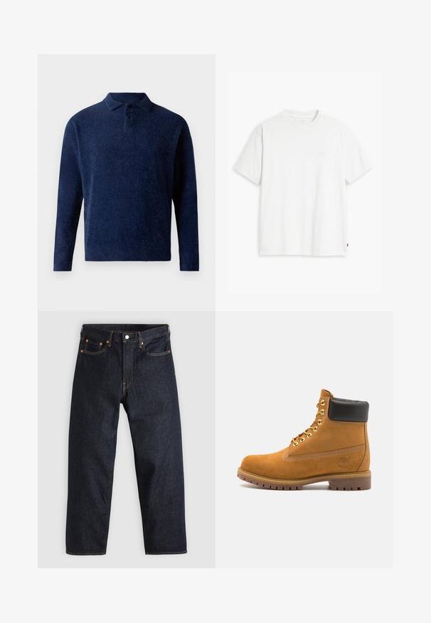 Mørkeblå genser laget av mykt, teksturert stoff. Har krage, pløtt med tre knapper, og lange ermer. Minimalistisk design.; Hvit bomulls-T-skjorte med korte ermer, rund hals og en subtil "Levi's"-logo trykt i lys farge på fremsiden.; Mørkeblå denimjeans med rett snitt, fem lommer, kontrasterende oransjefarget søm, og glidelås med knapp. Ingen synlige mønster eller dekorasjoner.; Beige semskede ankelstøvel med svart polstret krage, gullmetalløyer, hvite sømdetaljer og robust gummisåle med påfallende mønster.