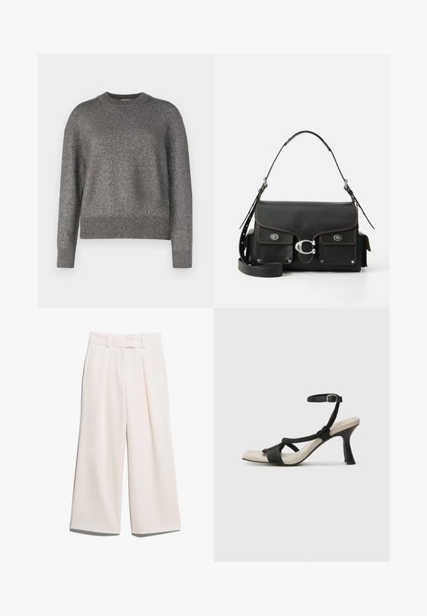 Szary sweter z odblaskową teksturą dzianiny, okrągłym dekoltem oraz prążkowanymi mankietami i dołem; lekko luźny krój i długie rękawy.; Spodnie o szerokich nogawkach w jasnym kolorze kremowym, wykonane z gładkiego materiału, z dwiema przednimi kieszeniami i widocznym szwem na pasku.; Czarne sandały na obcasie z plecionym paskiem, kwadratowym noskiem i regulowanym paskiem na kostkę. Jasnobeżowa wkładka z błyszczącym czarnym obcasem.; Czarna skórzana torebka na ramię z klapką, srebrnymi detalami, dwiema przednimi kieszeniami, kontrastowym przeszyciem oraz odpinanym paskiem na ramię.