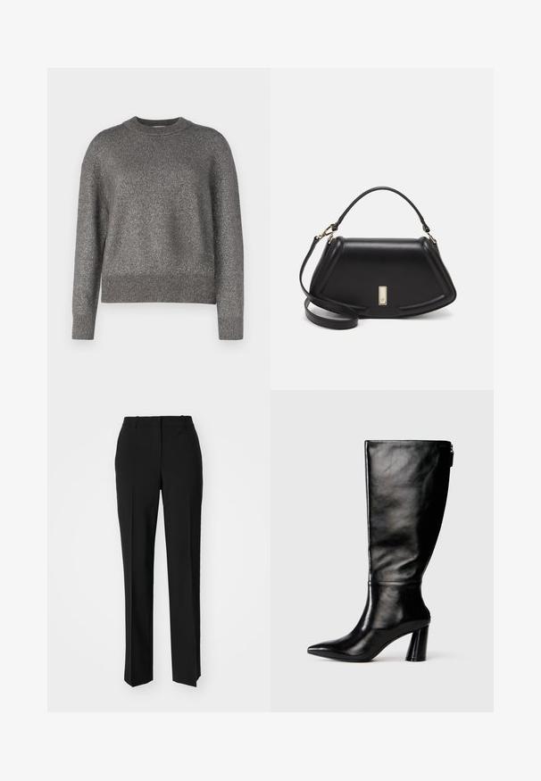 Gray sweater with a reflective knit texture, round neckline, and ribbed cuffs and hem; slightly loose fit and long sleeves.; Black tailored trousers with a straight-leg design, featuring a smooth texture and crisp creases along the front. No visible hardware.; Knee-high black leather boot with a pointed toe, smooth texture, and a chunky heel. Features a zipper detail at the back.; Black leather handbag with a structured design, featuring a cropped shape, top handle, and gold hardware accent. Adjustable shoulder strap included.