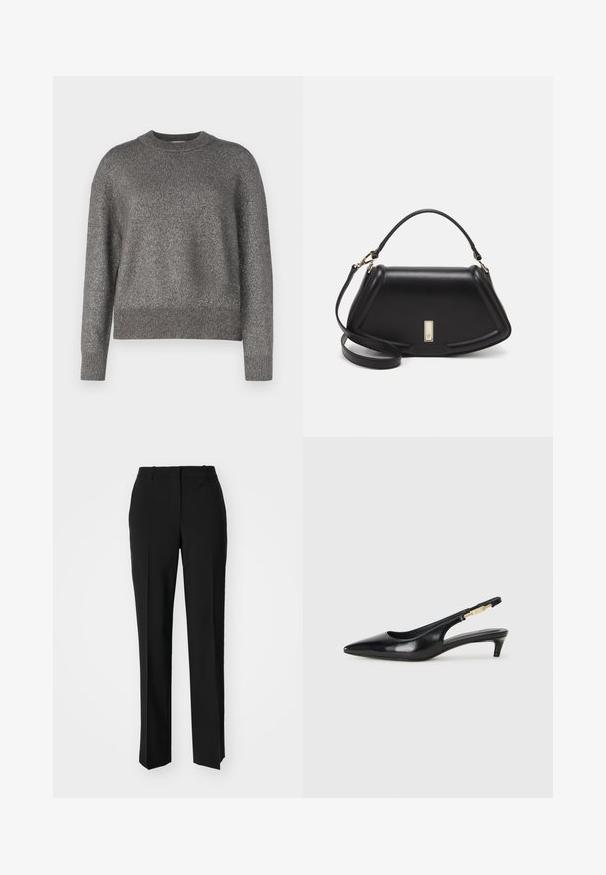 Grauer Pullover mit reflektierender Strickstruktur, Rundhalsausschnitt und gerippten Bündchen sowie Saum; leicht lockere Passform und lange Ärmel.; Schwarze, taillierte Hose mit geradem Bein, aus einem glatten Stoff und mit klaren Falten an der Vorderseite. Keine sichtbare Hardware.; Schwarze Leder-Slingback-Pumps mit spitzem Schuhblatt, ausgestattet mit einem schlanken Absatz und einem goldfarbigen Akzent am verstellbaren Riemen. Glatte Textur.; Schwarze Lederhandtasche mit einem strukturierten Design, das eine verkürzte Form, einen oberen Griff und goldfarbene Hardware-Details aufweist. Verstellbarer Schulterriemen ist enthalten.
