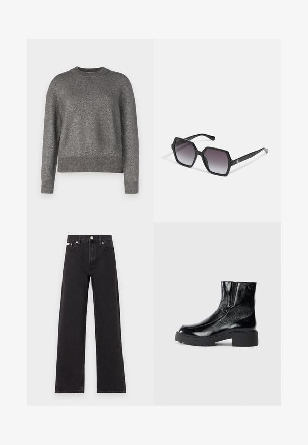 Suéter gris con una textura de punto reflectante, cuello redondo y puños y dobladillo acanalados; corte ligeramente holgado y mangas largas.; Jeans anchos de mezclilla negros, con cintura alta, cinco bolsillos y cierre de botón metálico con costuras contrastantes.; Botines negros con acabado de charol brillante, suela de goma negra gruesa y tacón elevado; incluye un sutil detalle del logo en el lateral.; Gafas de sol hexagonales negras con lentes degradados, que presentan un acabado brillante y un sutil branding en la patilla. Construcción de plástico duradero.