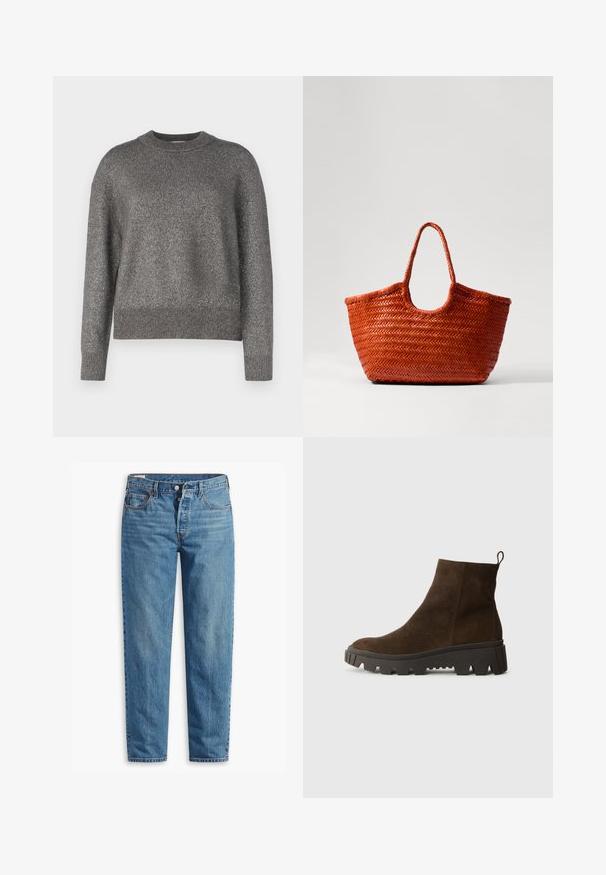 Szary sweter z odblaskową teksturą dzianiny, okrągłym dekoltem oraz prążkowanymi mankietami i dołem; lekko luźny krój i długie rękawy.; Niebieskie dżinsy z prostym krojem nogawki, z zapięciem na suwak, dwiema przednimi kieszeniami i delikatnym przetarciem na całej powierzchni materiału.; Brązowy zamszowy botek za kostkę z masywną czarną gumową podeszwą, posiadający lekki obcas i pętelkę z tyłu ułatwiającą zakładanie.; DRAGON DIFFUSION NANTUCKET pomarańczowy