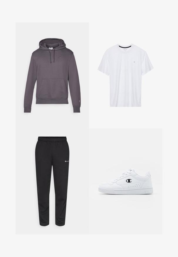 Grå hettegenser laget av bomullsblanding, med kengurulomme, snorer, ribbestrikkede mansjetter og en liten logo på brystet.; Hvit crewneck t-skjorte laget av bomull, med korte ermer og en liten logo brodert på venstre brystområde. Myk tekstur.; svarte sweatpants laget av en bomullsblanding, med elastisk midjebånd og en liten hvit logo på venstre side. Tapered ben design.; Hvite atletiske joggesko med en glatt syntetisk overdel, svart logo-akcent og perforerte detaljer på siden. Gummisåle.