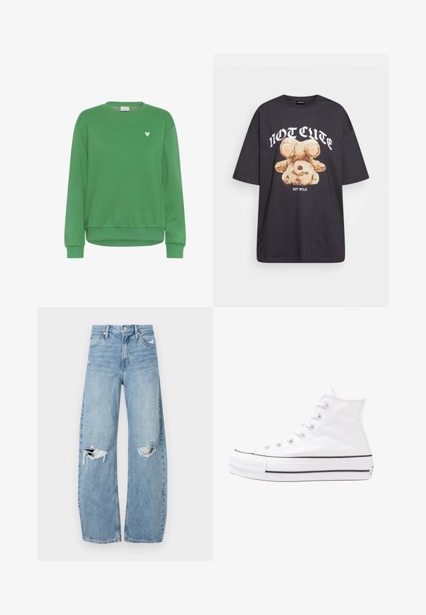 Groene sweatshirt van katoen, met een ronde hals, lange mouwen, ribgebreide manchetten en een klein wit hartaccent op de borst.; Zwart oversized t-shirt met een afbeelding van een beer en de tekst "NIET SCHATTIG, MAAR WILD" in grote, witte letters. Gemaakt van katoen.; Lichtblauwe, hooggeritste jeans van denim. Beschikken over wijde pijpen, twee gescheurde knievalken en klassieke vijfzakken styling.; Witte high-top canvas sneakers met een zwarte rubberen zool, een rubberen neuskap aan de voorkant en zes gaatjes voor veters, met een schone, minimalistische uitstraling.