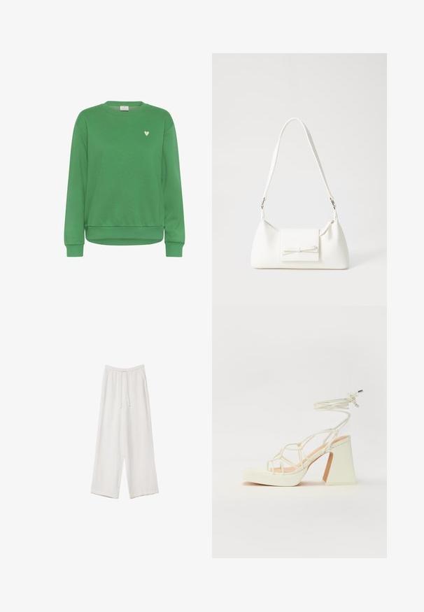 Zielona bluza z bawełny, z okrągłym dekoltem, długimi rękawami, ściągaczami oraz małym białym sercem na piersi.; Białe spodnie o szerokich nogawkach wykonane z lekkiego materiału. Posiadają elastyczny pas z sznurkiem i boczne kieszenie. Gładka tekstura.; Biała sandał na wysokim obcasie z masywnym słupkiem, z paskowym wzorem i wiązaniem przy kostce. Gładka faktura z platformą z przodu dla dodatkowej wysokości.; Biała syntetyczna torba o trójkątnym kształcie, płaskim przednim klapce i detalach w postaci kokardy, regulowanym pasku, gładkiej fakturze oraz minimalistycznym designie.